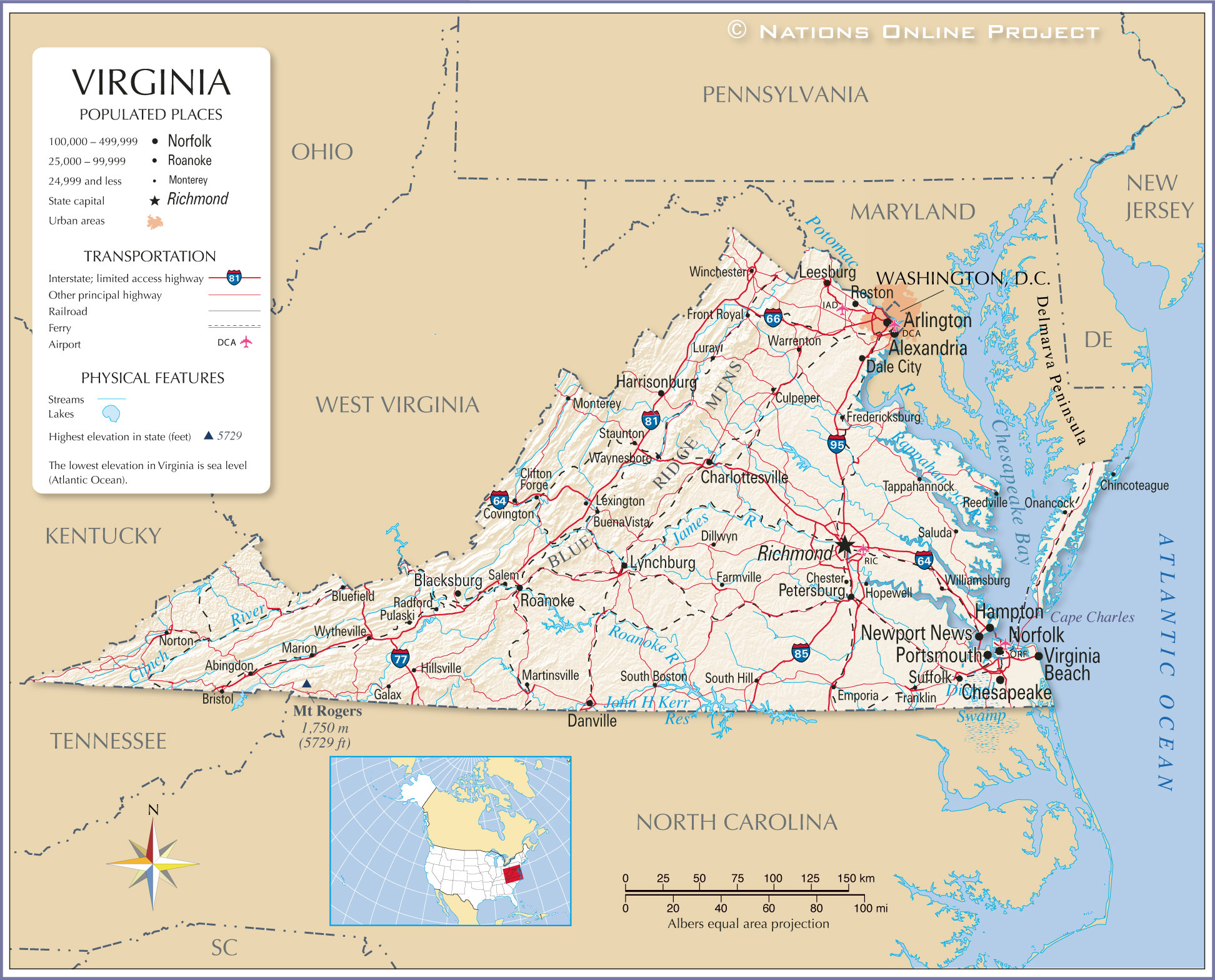 Map of the Commonwealth of Virginia, USA Nations Online Project