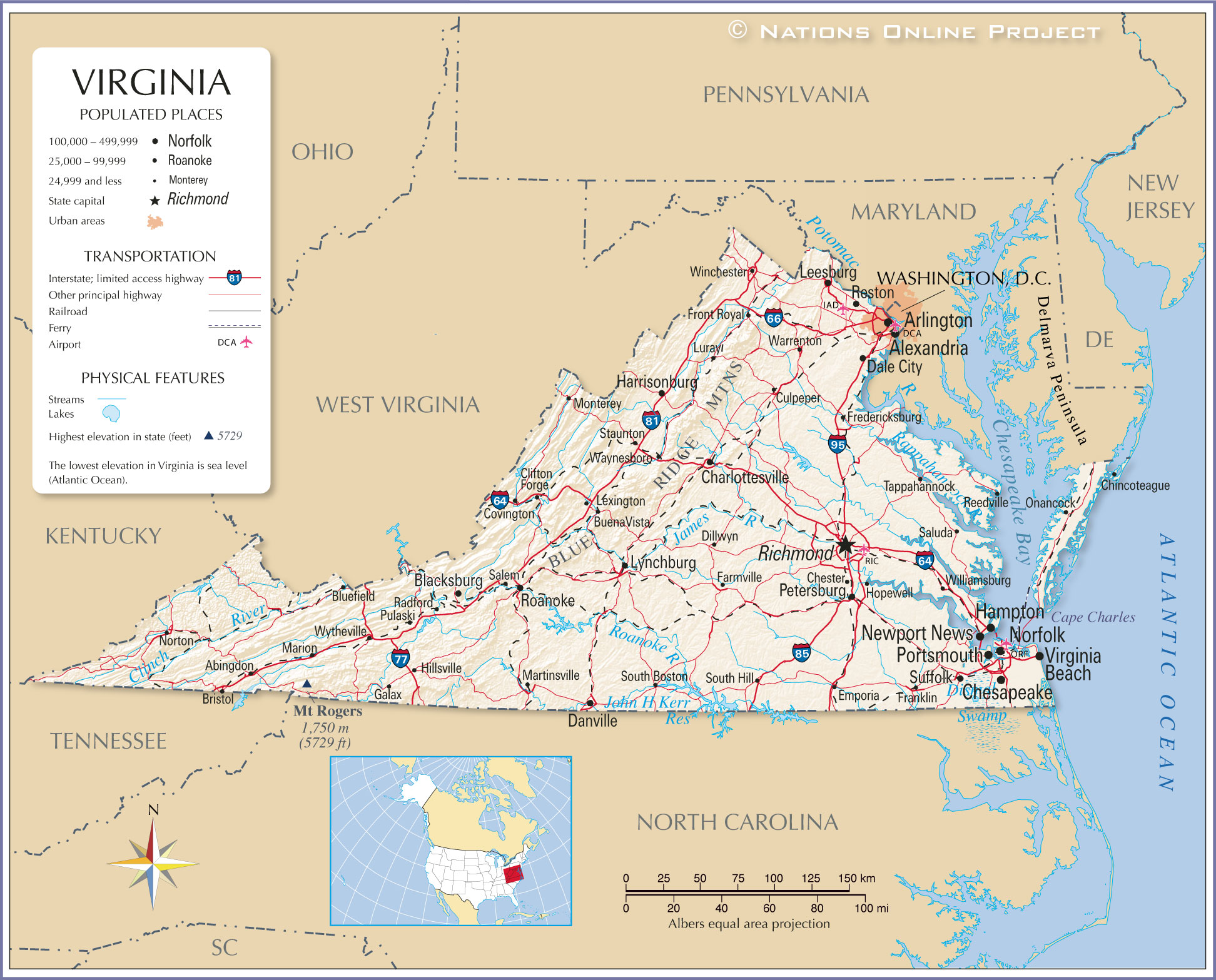 virginia on a us map Map Of The Commonwealth Of Virginia Usa Nations Online Project virginia on a us map