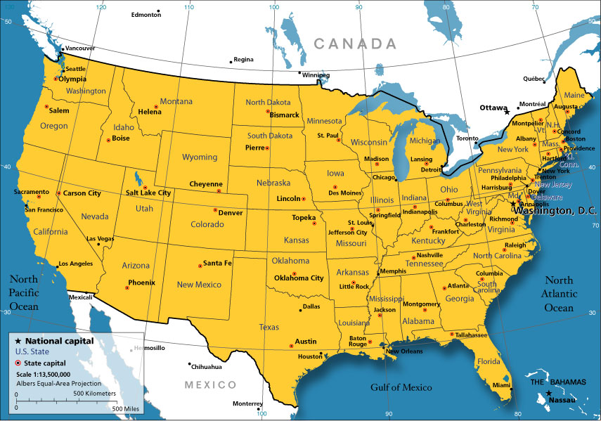 Political Map of the continental USA with states, capitals, and major cities