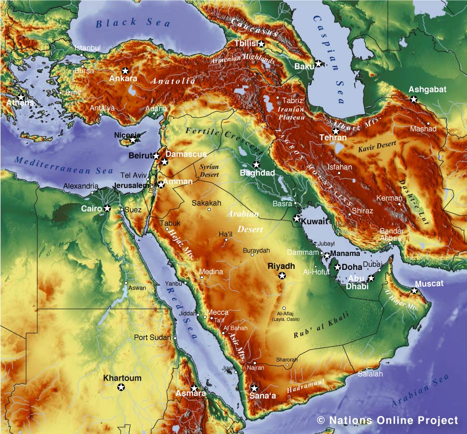 physical map of southwest asia mountains