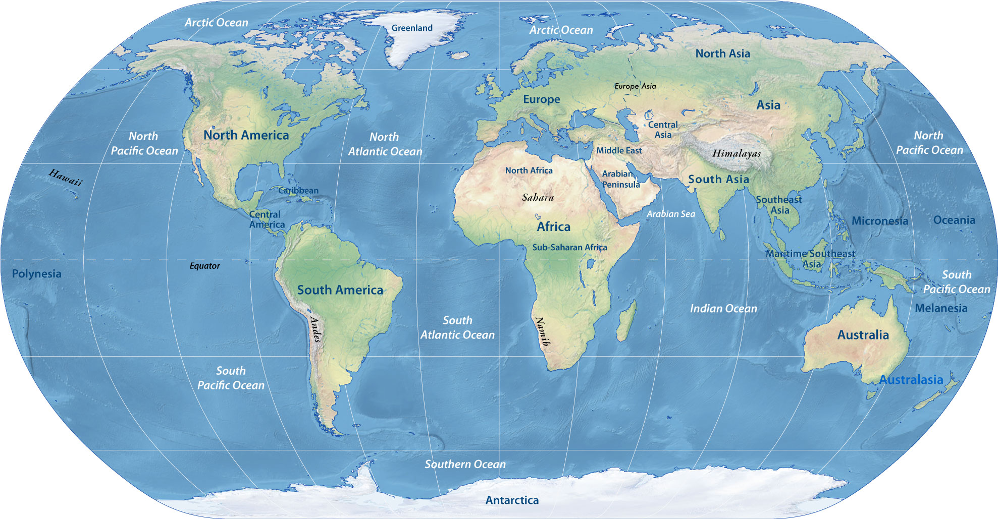 World Physical Map Showing Continents And Oceans