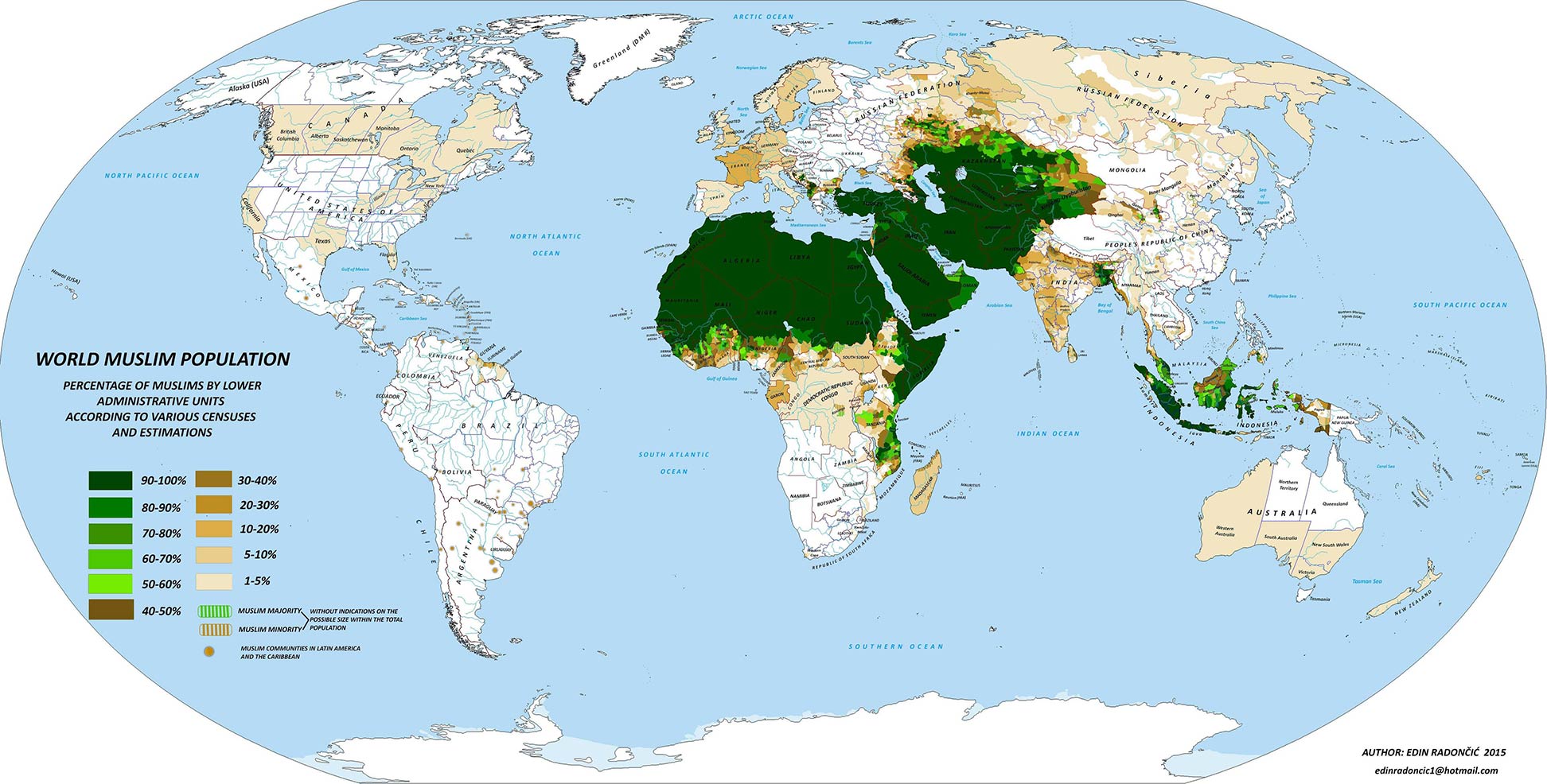 Map of the World Muslim Population by countries and administrative regions.