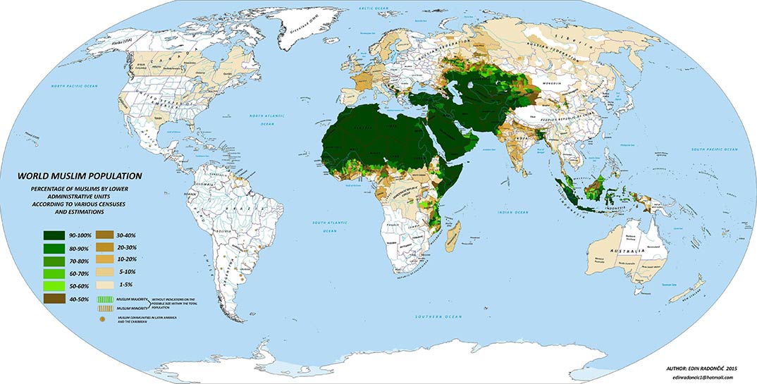 World map with countries of Muslim population