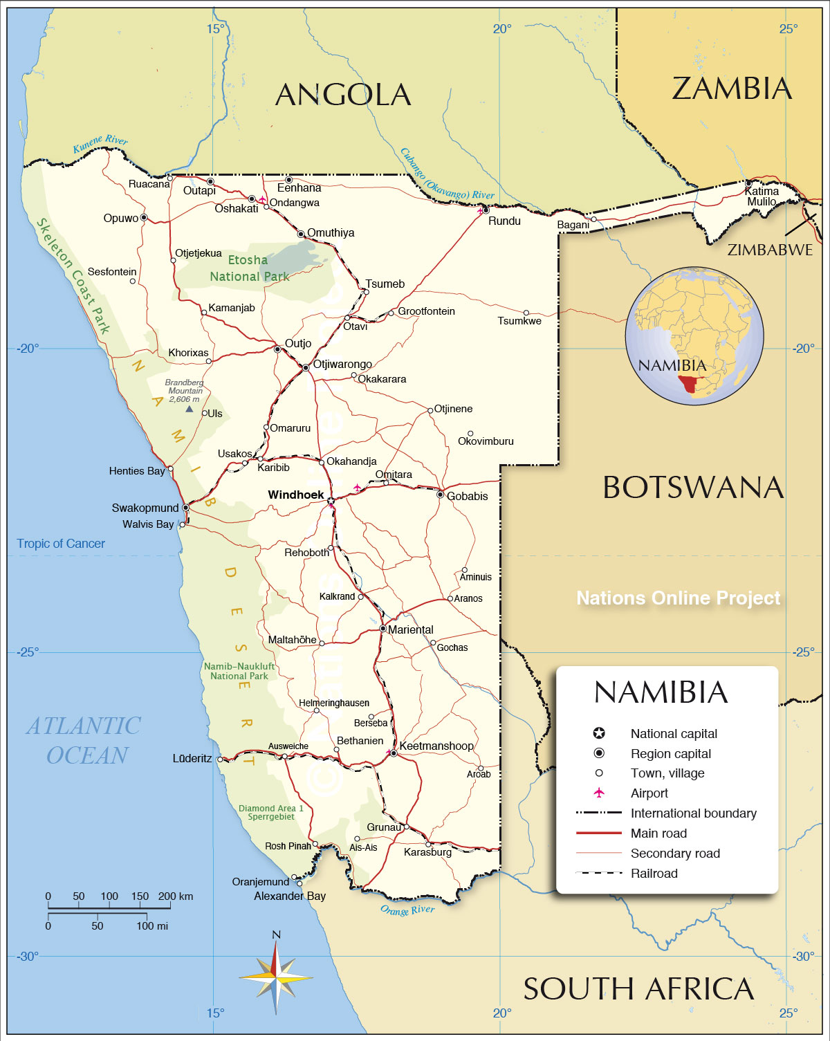 Political Map of Namibia (1200 px with) - Nations Online Project