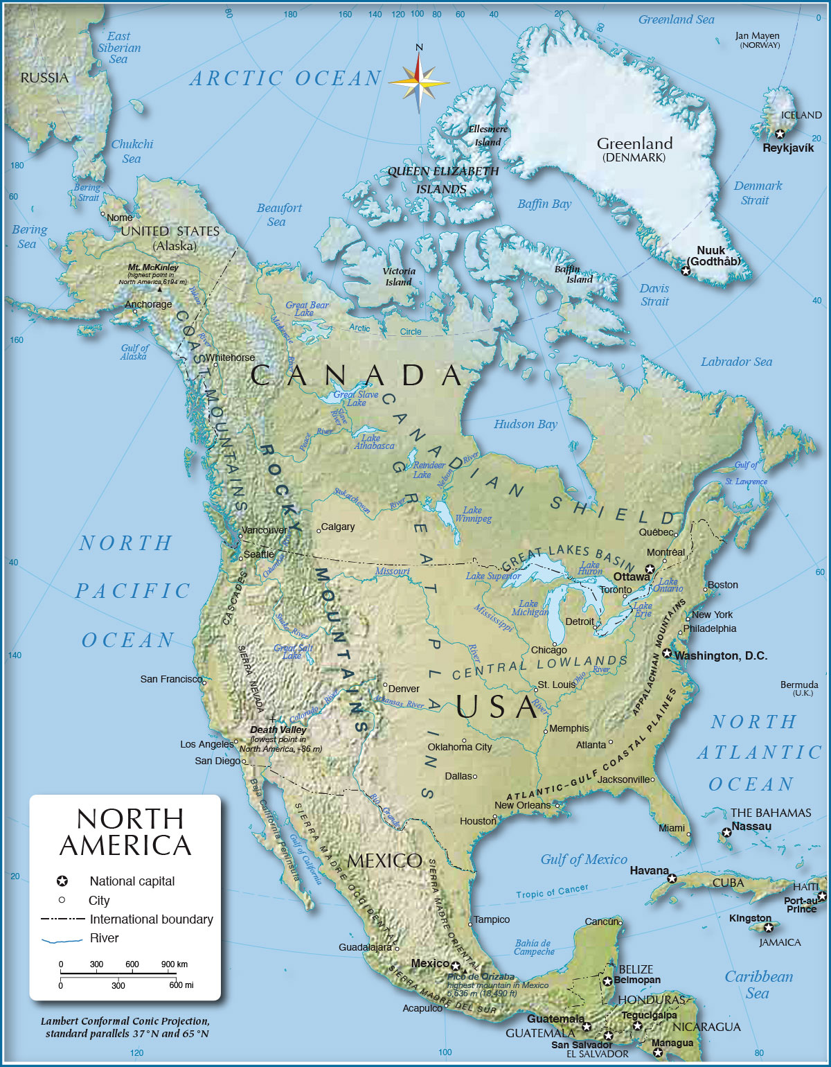 labeled topographic map of north america Shaded Relief Map Of North America 1200 Px Nations Online Project labeled topographic map of north america