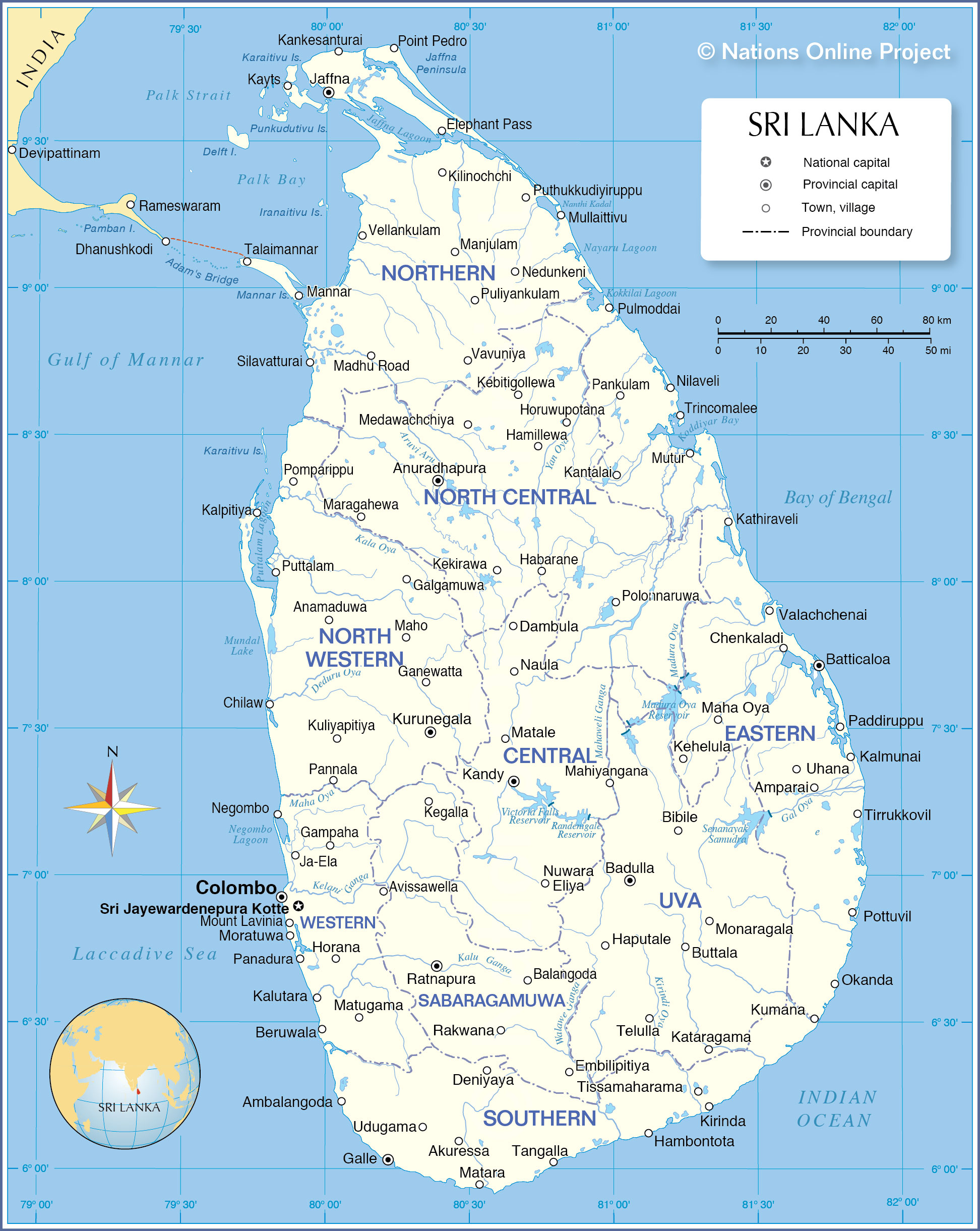 Administrative Map of Sri Lanka with provinces borders