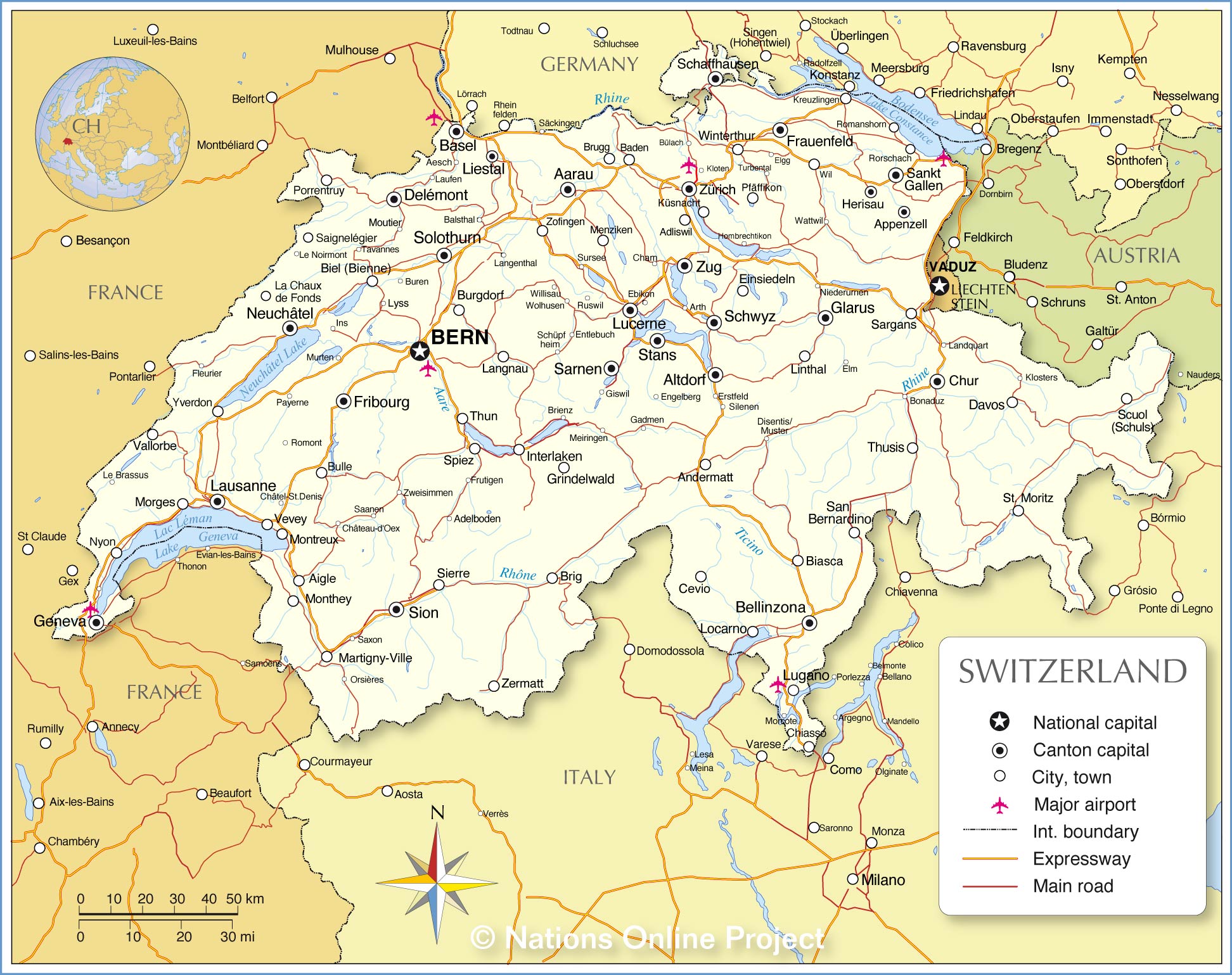 Political Map of Switzerland with roads and cities